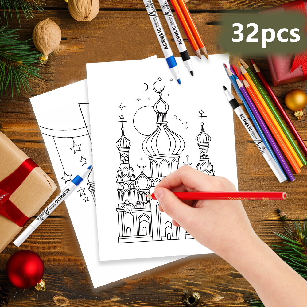 32 peças, cartões para colorir eid doodle, cartões para colorir diy, cartões de pintura eid, lua, estrelas, lanternas, família e atividades de festa