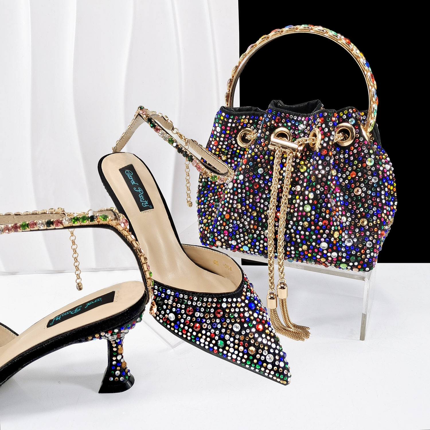 QueenaYan Nuove scarpe a punta popolari nigeriane e manico per borsa Borsa morbida piccola cavigliera design tacco alto scarpe da donna da festa