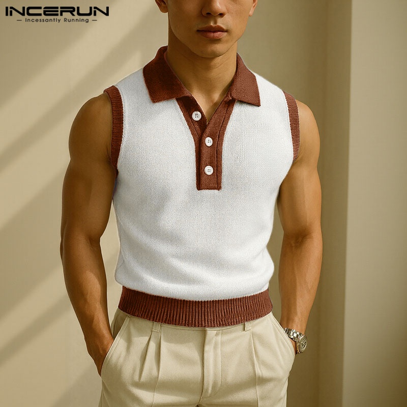 Incerun verão regata masculina retalhos lapela sem mangas botão casual roupas masculinas streetwear 2025 moda coletes masculinos S-5XL