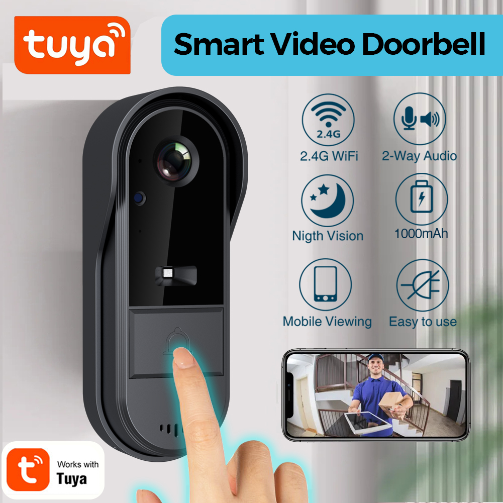 Dzwonek Tuya WiFi 2-drożny HD 1080P, microSD/chmura, wodoodporny, akumulator 1000 mAh, długi czas czuwania, bezprzewodowa kamera bezpieczeństwa