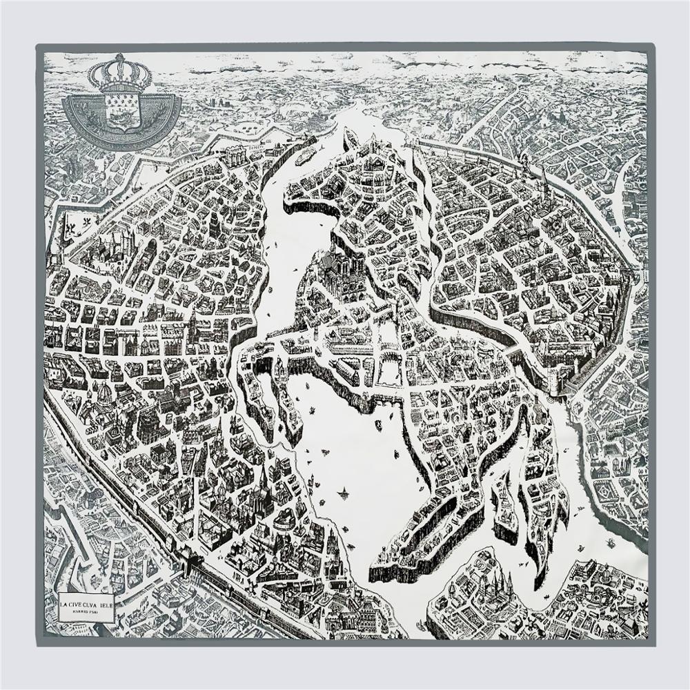 53Cm Brand Design Plein Sjaal Vrouwen Zijden Sjaal "De Stad Van Ros" Hijab Sjaals Mode Bandana Hoofdband halsdoek Voor Lady