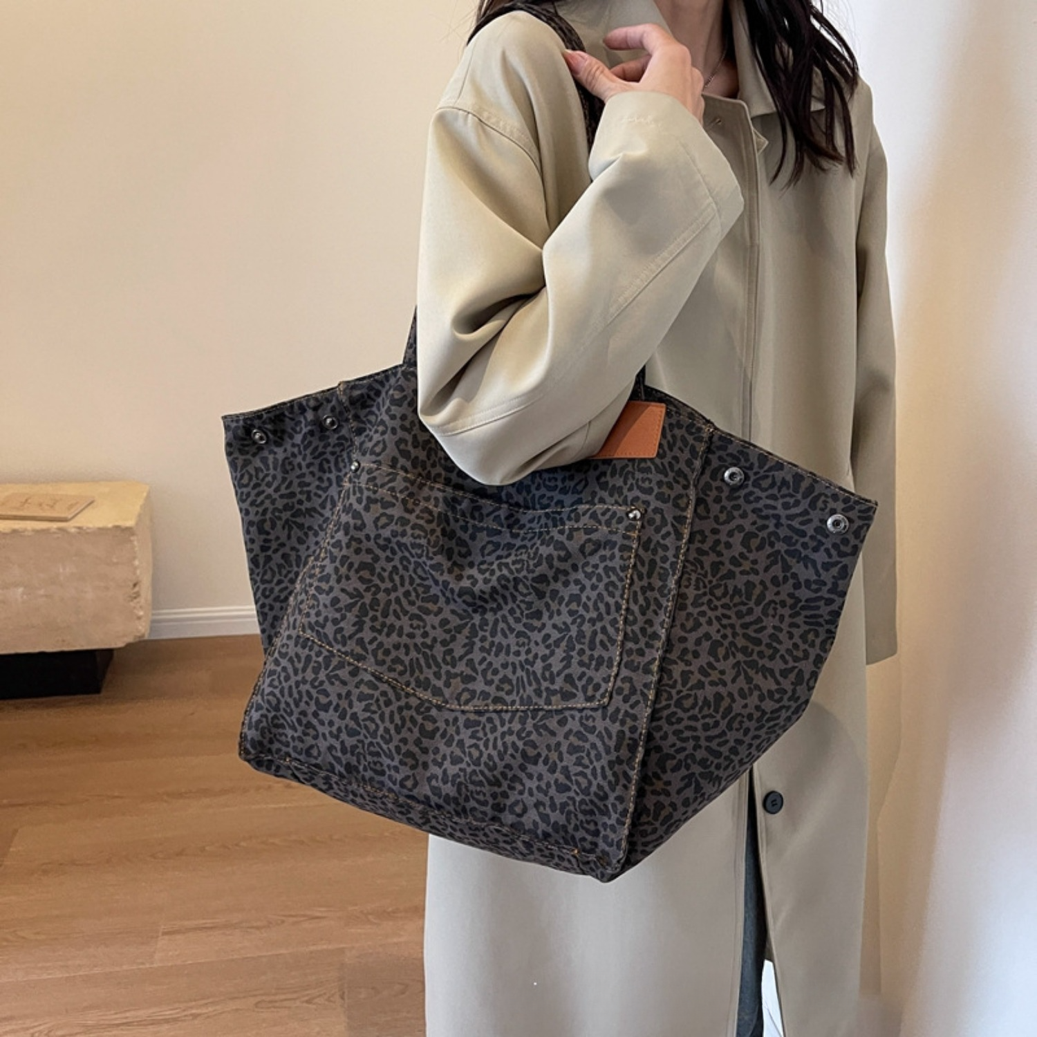 Borsa alla moda di grande capacità con motivo leopardato, borsa per la spesa da lavoro scolastico, borsa a tracolla in tela retrò