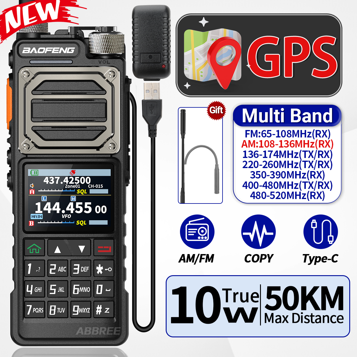 BAOFENG UV-25 PRO GPS Walkie Talkie 10 Вт Многодиапазонное 1000-канальное зарядное устройство Type-C 5200 мАч для любителей UV-5R, двустороннее радиолюбитель для охоты