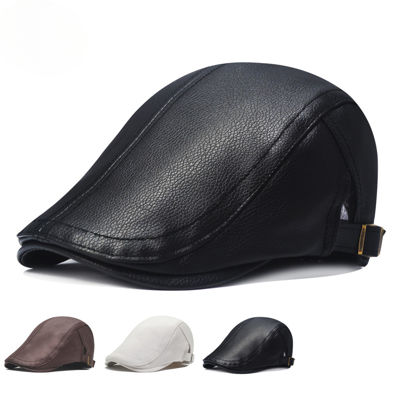 Casquette en cuir pour hommes, béret Imitation peau de mouton, chapeau en cuir pour personnes âgées, chapeau en cuir artificiel, littéraire et rétro