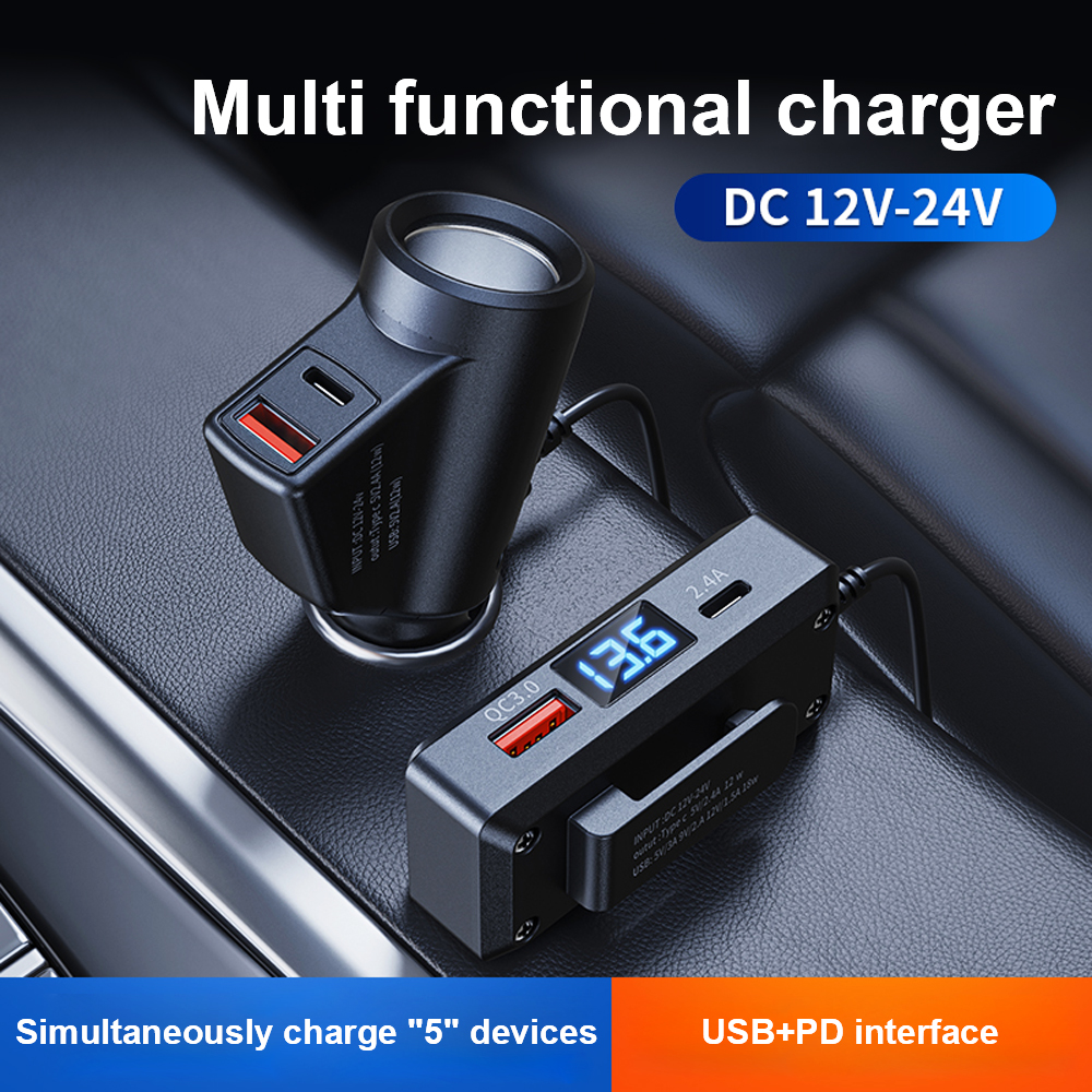 Pengisi Daya Kendaraan Tampilan Digital Mobil Adaptor Pengisi Daya Otomatis QC3.0+PD TypeC Pengisian Cepat USB Pengisian Cepat Universal Multifungsi