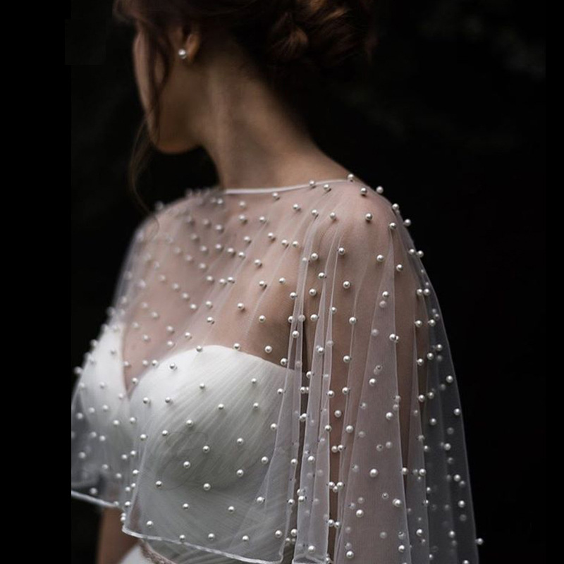 Elegant Faux Pearl Beaded Mesh Shawl Outside Thin Breathable Bridal Wraps Marriage Wedding Accessories