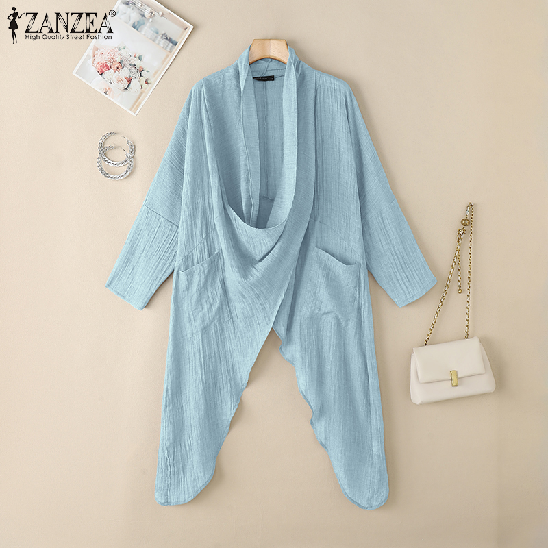 ZANZEA 2025 Blus Modis Atasan Wanita Musim Gugur Kemeja Panjang Antik Blus Pesta Asimetris Lengan Panjang Leher Cowl Solid Kasual