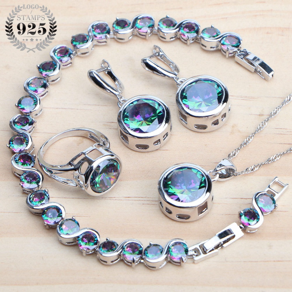Ensemble de bijoux en argent Sterling 925 pour femmes, boucles d'oreilles en Zircon arc-en-ciel magique naturel, bague, Bracelets, pendentif, collier de mariage