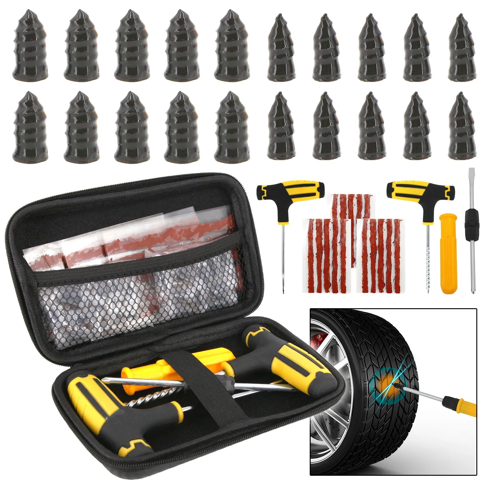 Motorrad-Vakuum-Reifenreparatur-Set mit Nagel, Auto-Reifenreparatur-Werkzeugset mit EVA-Aufbewahrungskoffer, Gummi-Reifenreparatur-Set für Schlauchlose Reifen