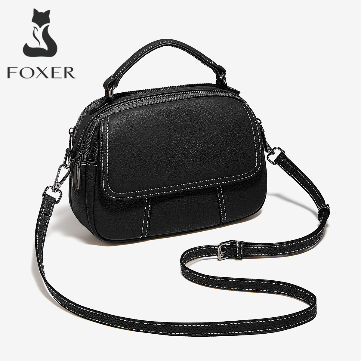 Bolsa de Ombro Feminina FOXER em Couro Genuíno, Bolsa Mensageira Casual Retro, Bolsa Transversal para Mulheres em Couro de Vaca Real