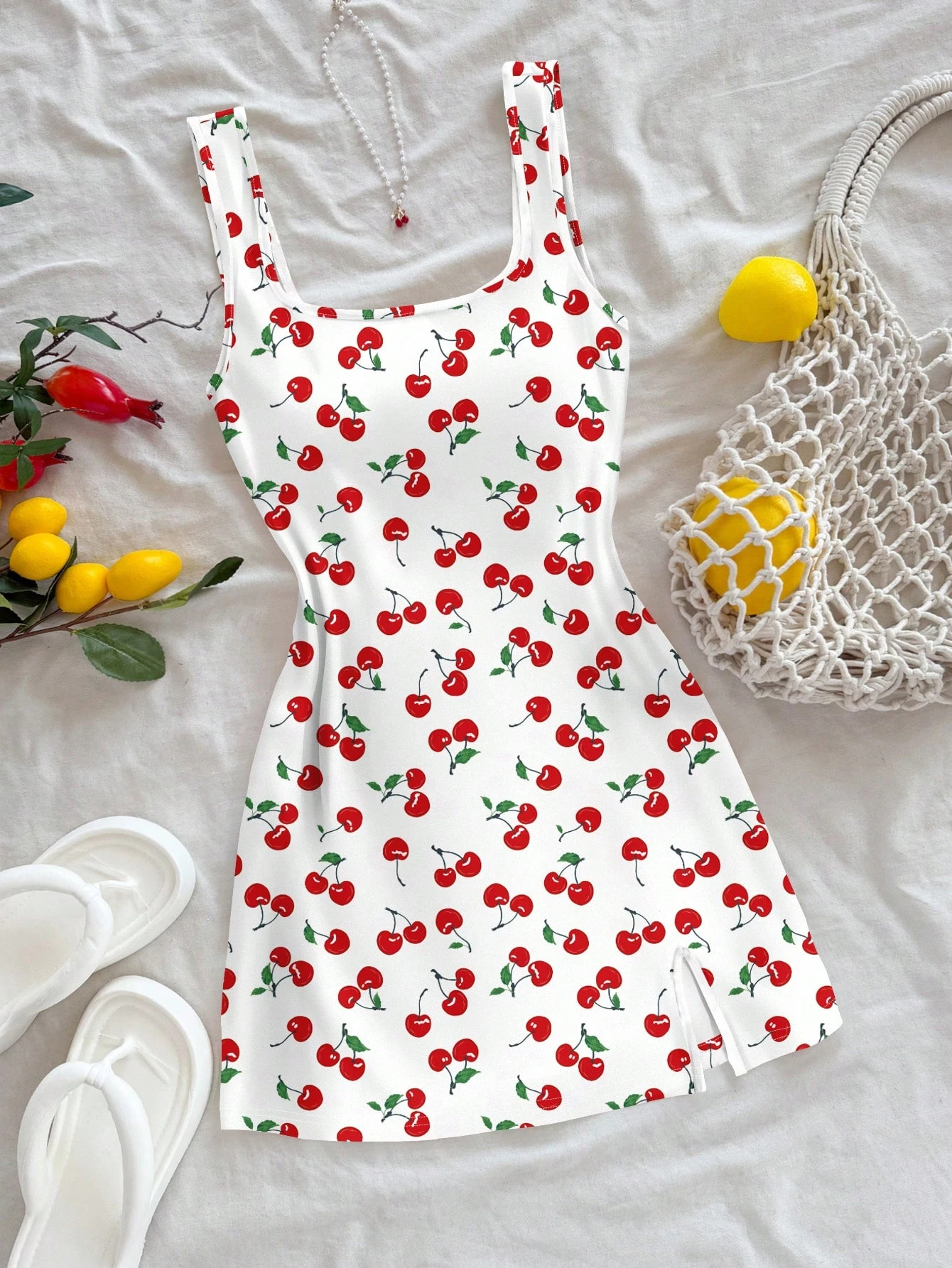 Robe mini sexy pour femme, style vacances, col en U, imprimé cerises, dos ouvert, fente latérale, pour le printemps/été