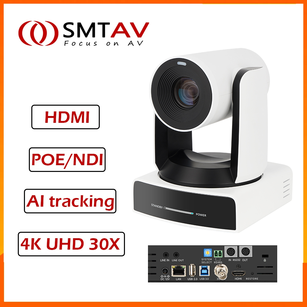 กล้องวิดีโอ SMTAV AI Tracking 4K UHD 30X รองรับ NDI PTZ HDMI พร้อม POE IP ควบคุมระยะไกล สำหรับการถ่ายทอดสด โบสถ์ทางไกล