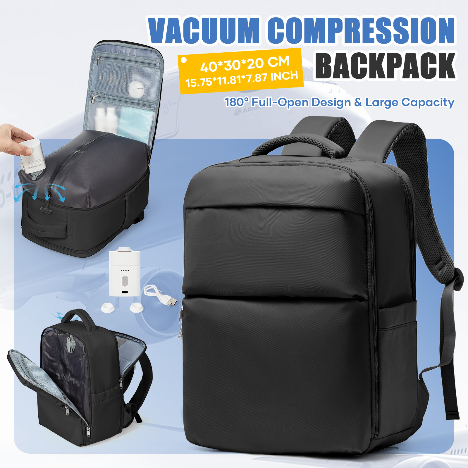 Mochila de Viaje con Sistema de Vacío Ryanair 40x30x20, Equipaje de Mano, Mochila de Cabina, Mochila para Portátil para Hombre y Mujer, Mochila 50x35x21