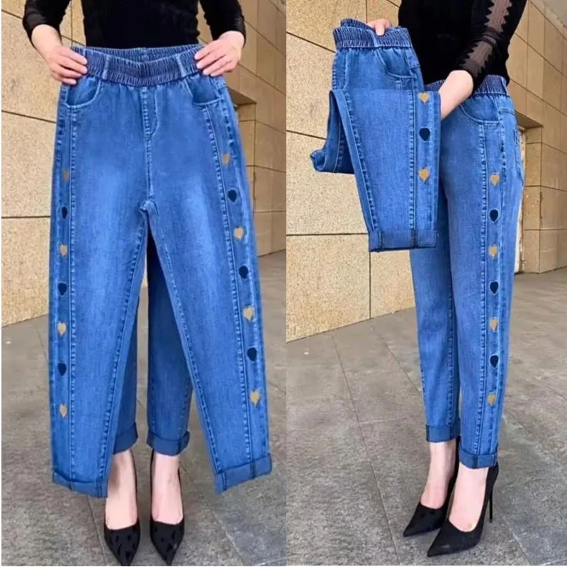 WinterEmbroidery ジーンズ女性の弾性ハイウエストジーンズ 5XL ファッション女性黒青ポケットママジーンズスキニーストレッチパンツ女性