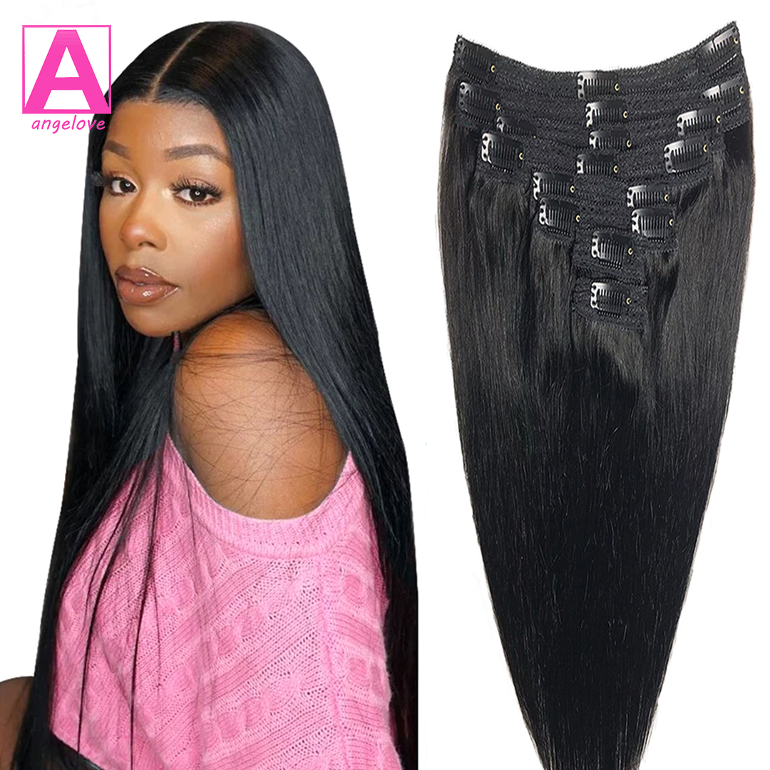 Rechte Clip In Human Hair Extensions Natuurlijk Zwart 100% Mensenhaar Set Met 18Clips Dubbele Inslag Haarverlenging Voor Vrouw