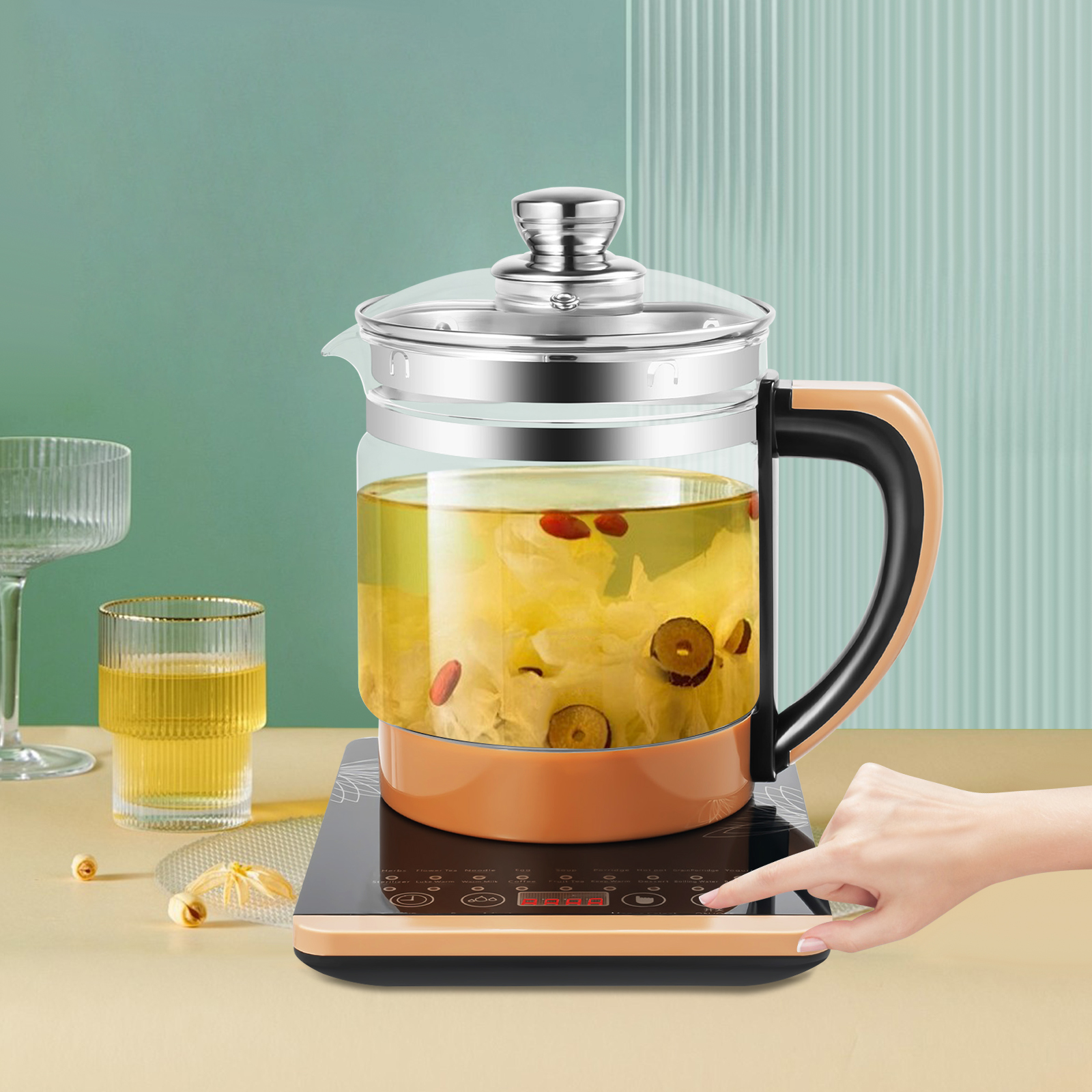 BYMAOCAR-hervidor eléctrico de vidrio de 1,8l y 800W, Control de temperatura con soporte para huevos al vapor, reserva y sincronización de 18 menú inteligentes para té
