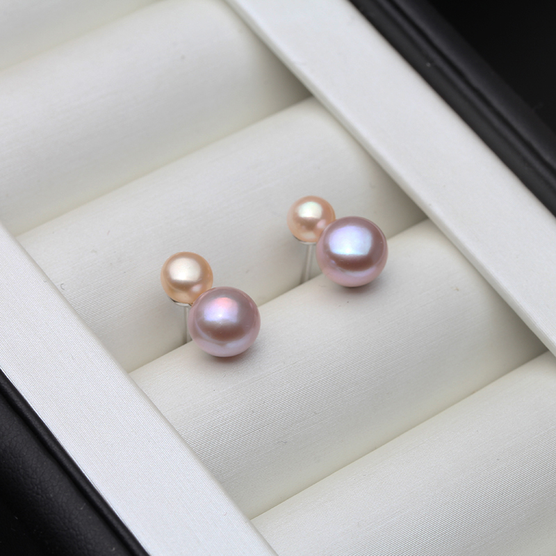 Anting Tindik Kancing Perak Murni 925 Lucu untuk Wanita, Anting Mutiara Alami Air Tawar Putih Hadiah Ibu Istri Merah Muda Hitam