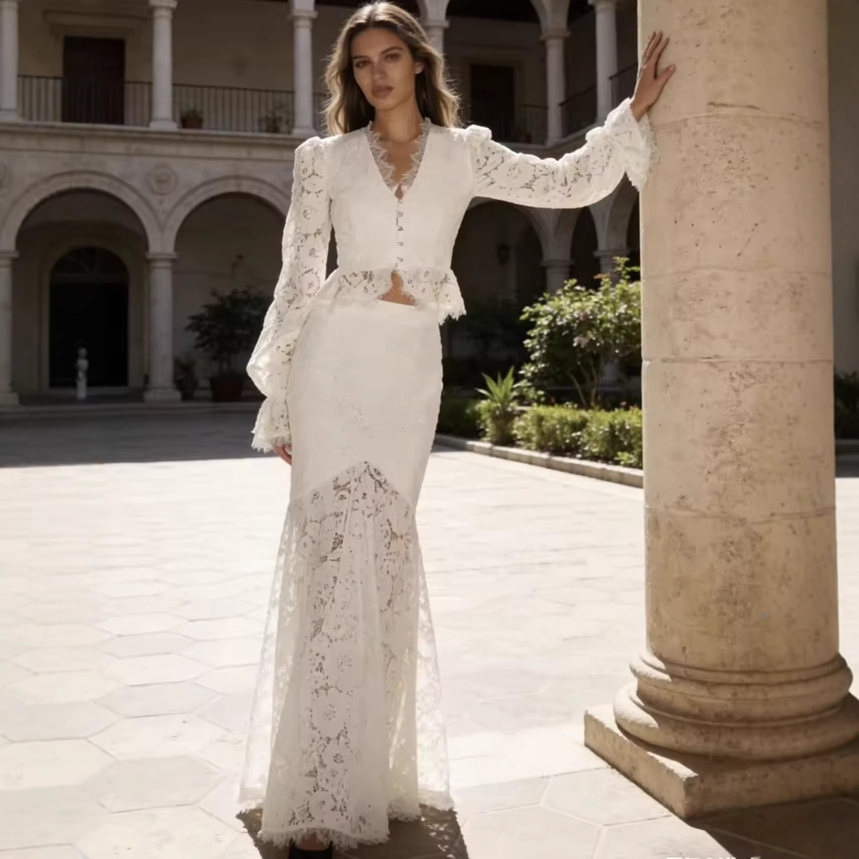 Mingmingxi Elegante witte kanten tweedelige set Herfstjurk met lange mouwen, crop top en zeemeerminrok met hoge taille, bijpassende sets voor dames