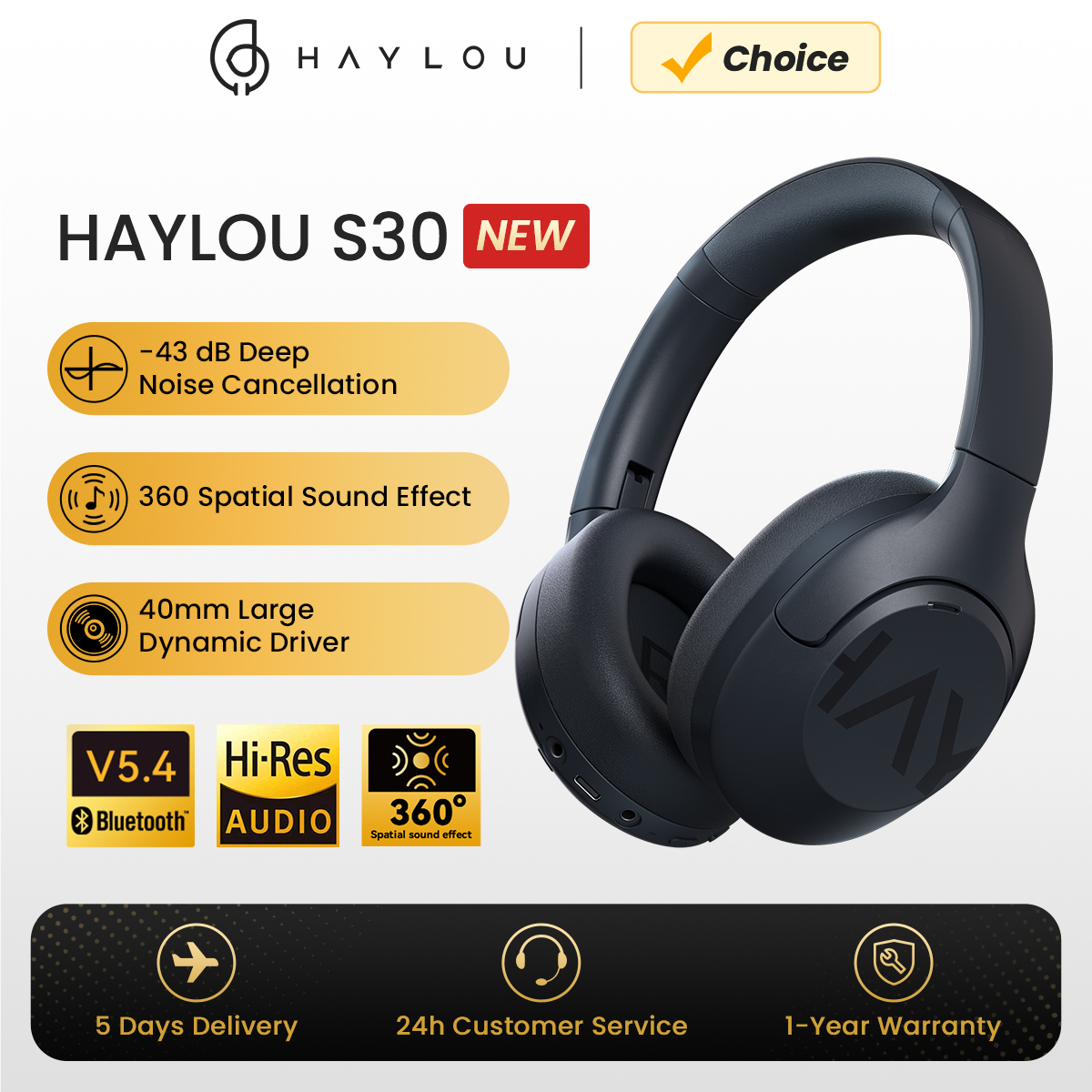 HAYLOU-S30 Auscultadores sem fio Bluetooth, Adaptive Noise Cancelando Headsets, 40 milímetros Dynamic Driver, 80H Playtime Fones de ouvido, Bluetooth 5.4, 43dB