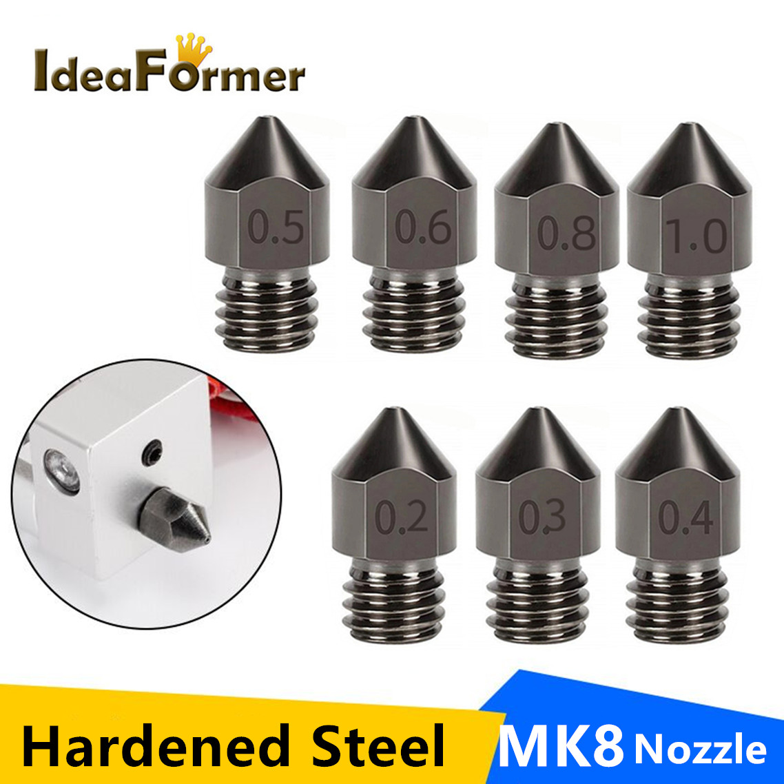 1/3 MK8 Vòi Phun Thép Cứng M6 Chống Ăn Mòn Giàn Phơi 0.4/0.6/0.8Mm 3D máy In Phun Cho CR10 Ender 3 Sapphire Pro