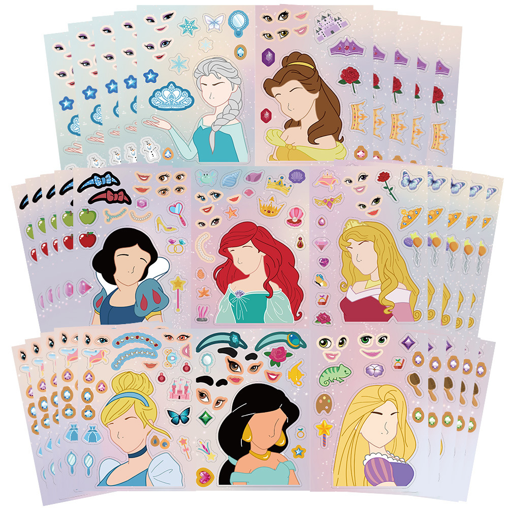 8/16 arkuszy Disney Princess Puzzle naklejki Make-a-Face dzieci śmieszne montaż układanka DIY naklejka z motywem kreskówkowym zabawki edukacyjne dla dzieci