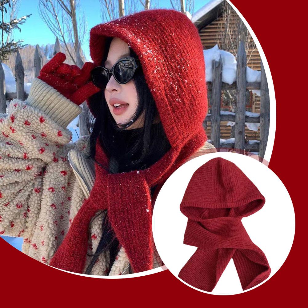 Winter Balaclava Hooded Scarf Hat Knitted One-Piece Thickened Ear & Neck Protection Cozy Y2K Style for Women Autumn Wear