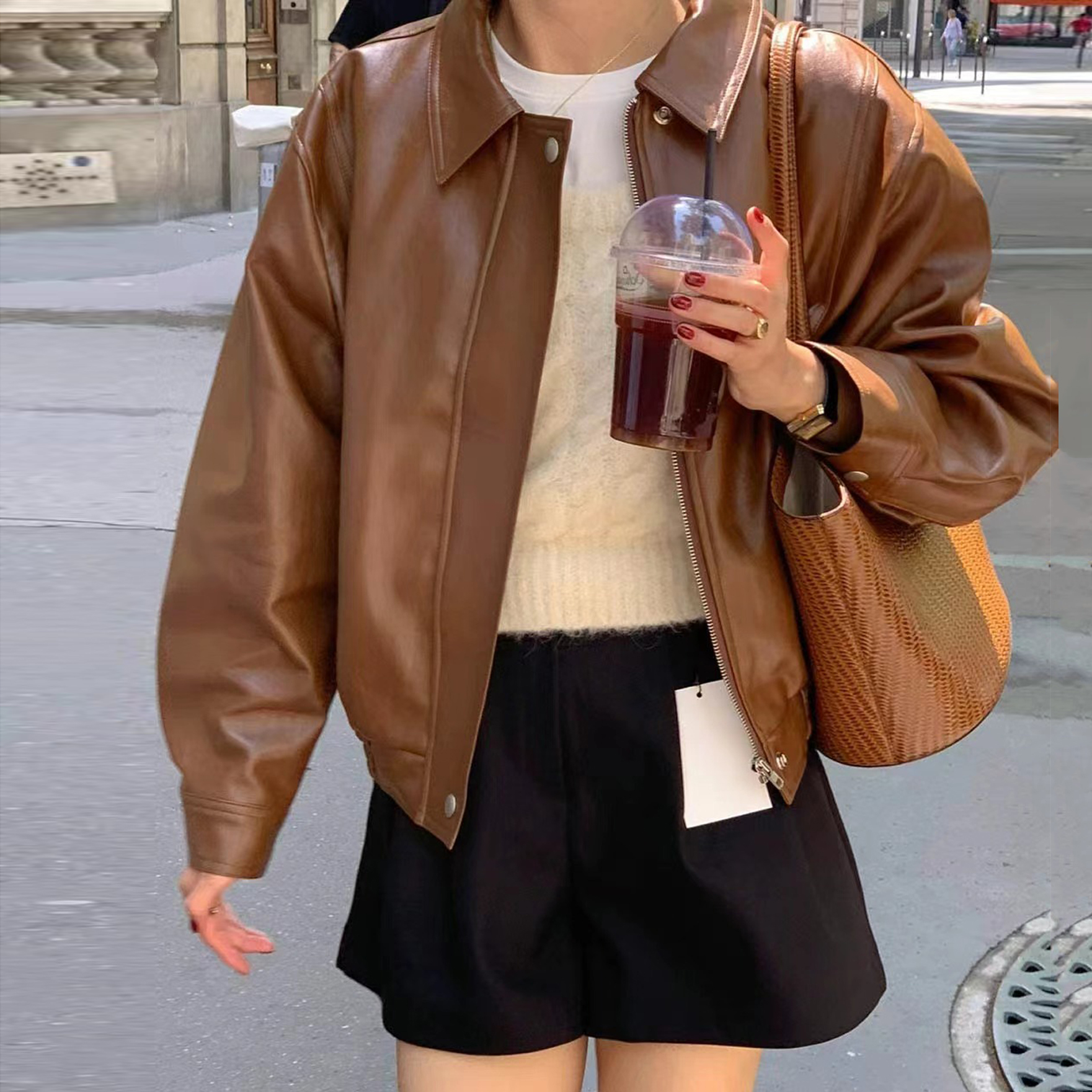 レトロファッション香港スタイル長袖 Pu レザージャケット女性のオートバイのジャケットトップその他の素材 100% 秋 2024