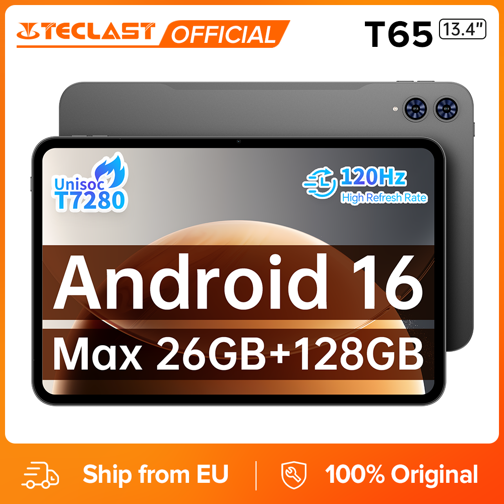 Tablet Teclast T65 z Androidem 16, ekran 13,4 cala, 120 Hz maks. 26 GB pamięci RAM 128 GB pamięci ROM 1920x1200 Unisoc T7280 8 rdzeniowy procesor 8000 mAh 4G LTE GPS