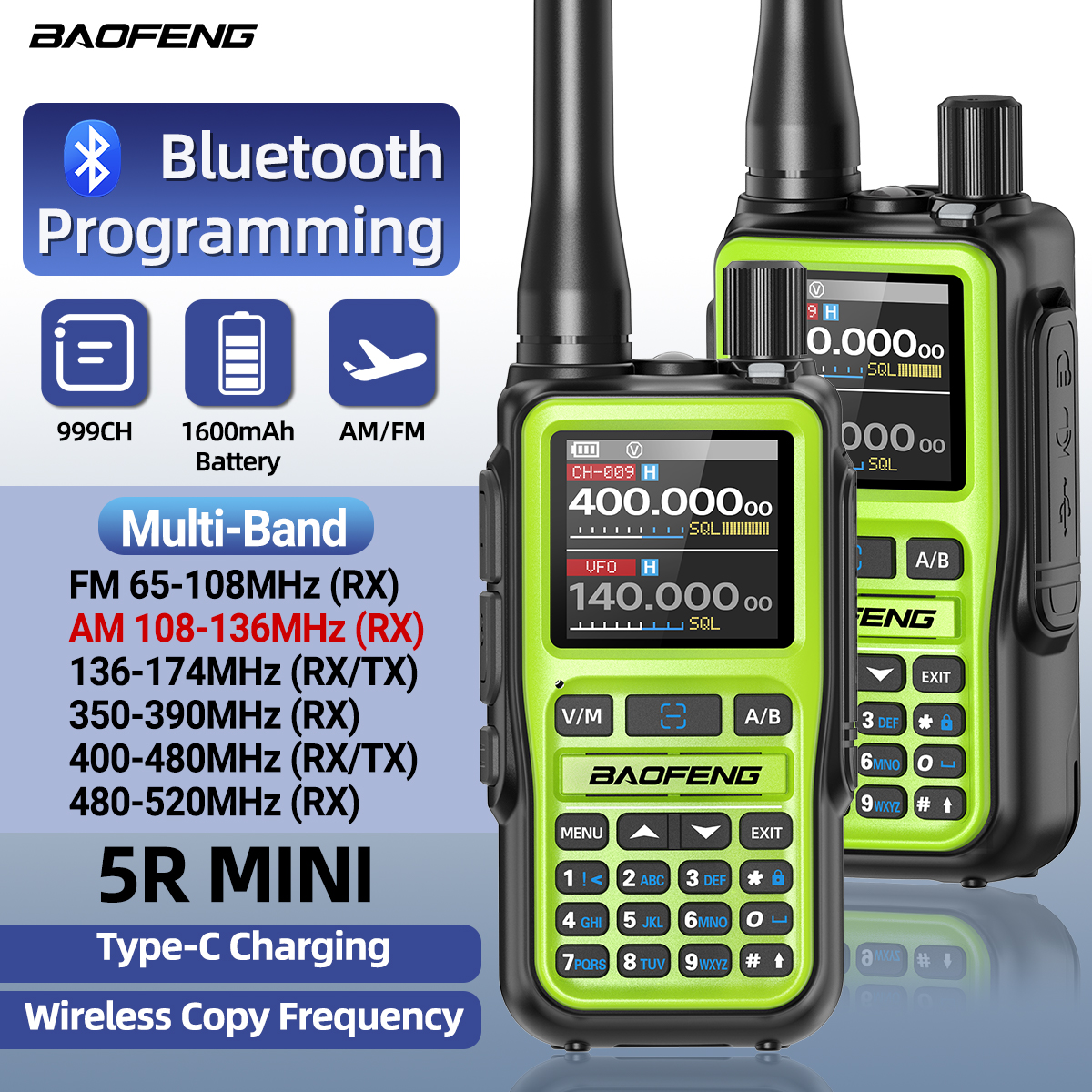 Baofeng UV-5R mini walkie talkie multi banda programação bluetooth frequência de cópia sem fio 999ch tipo-c rádio em dois sentidos de longo alcance