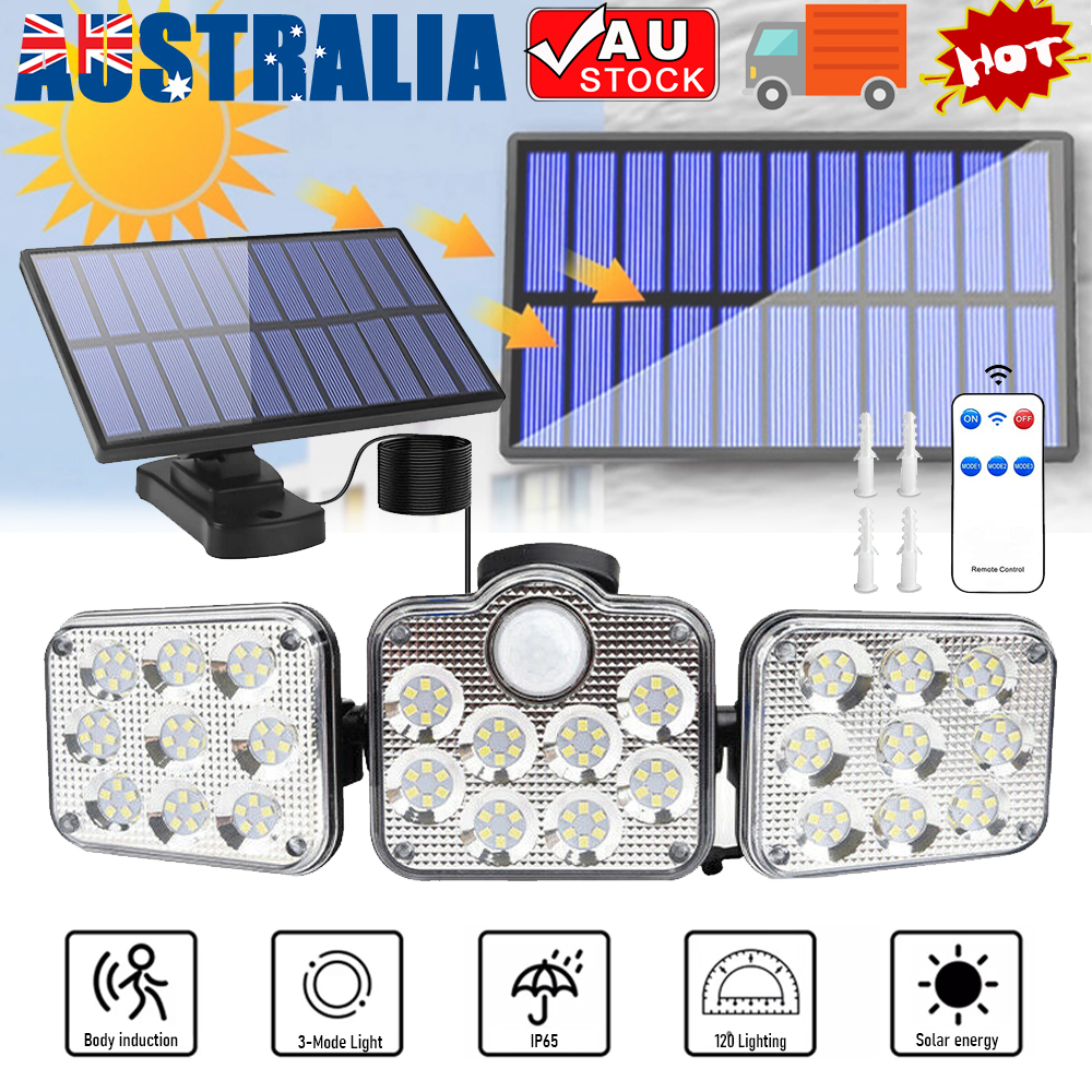 Lampu Sorot Sensor Gerak Tenaga Surya 3 Kepala untuk Luar Ruangan, Taman, Dinding, Keamanan dengan 3 Mode 138LED 360 ° Lebar