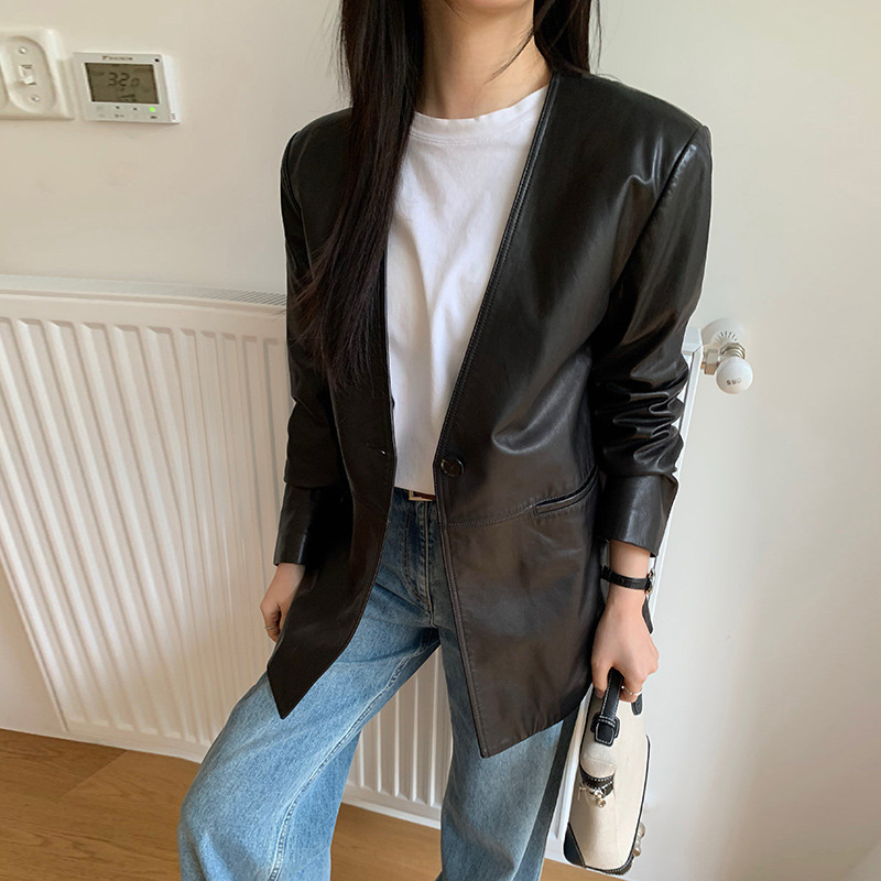 Blazer de couro genuíno feminino, casacos chiques com decote em v, botão único comprimento médio senhora, jaqueta de pele de carneiro de primeira camada, 100% genuíno