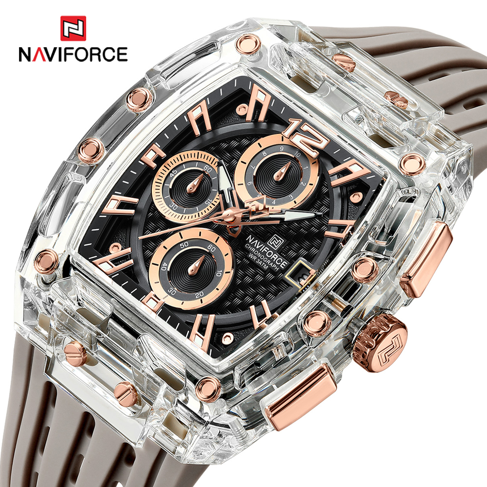 NAVIFORCE 2024 новый дизайн, прозрачные мужские часы Tonneau, кварцевые мужские часы, водонепроницаемые, Роскошные, спортивные, наружные, мужские часы