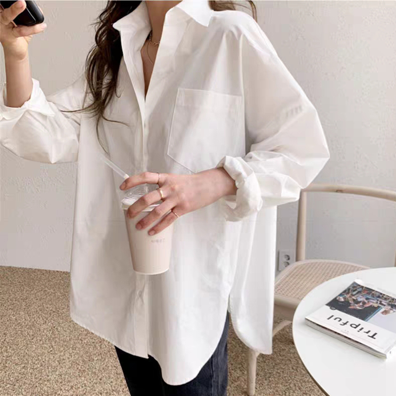 Femmes chemise blanche 2024 printemps automne Vintage dames hauts à manches longues décontracté col rabattu femmes Blouses amples 11456