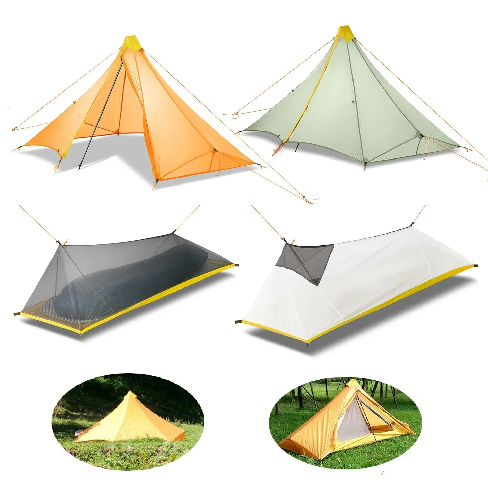 1 Orang 4 Musim Ultralight 20D Nilon Kedua Sisi Silikon Dilapisi Piramida Tanpa Kabel 410G Flysheet atau Musim Panas 230-260G Tenda Dalam Mesh
