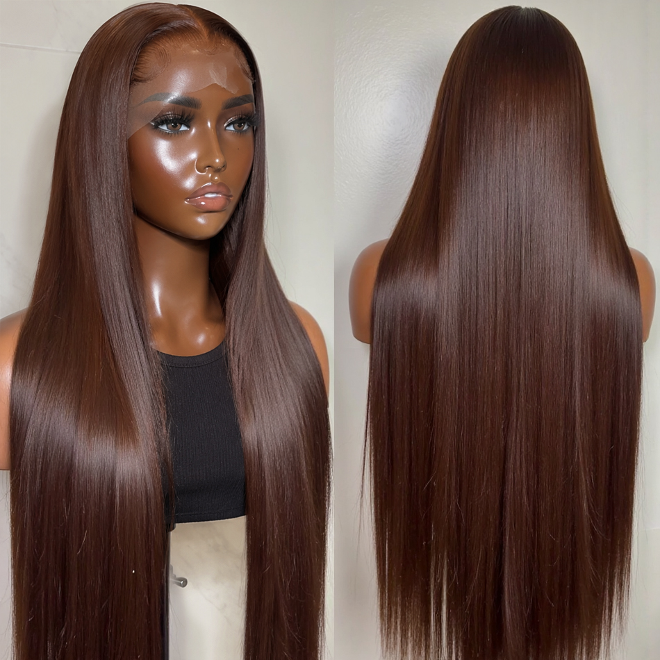 Perruque Lace Front HD Brun Chocolat 13x4 Lisse, Perruques Frontales Complètes 13x6 en Cheveux Humains Brésiliens Remy Pré-Pluckées pour Femmes