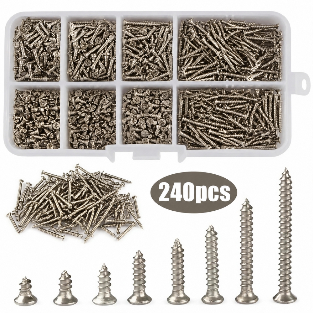 240-teiliges selbstschneidendes Holzschrauben-Set im Karton, 8 Größen, M2 Flachkopf-Metallschrauben-Klassifizierungsset für Heimwerker