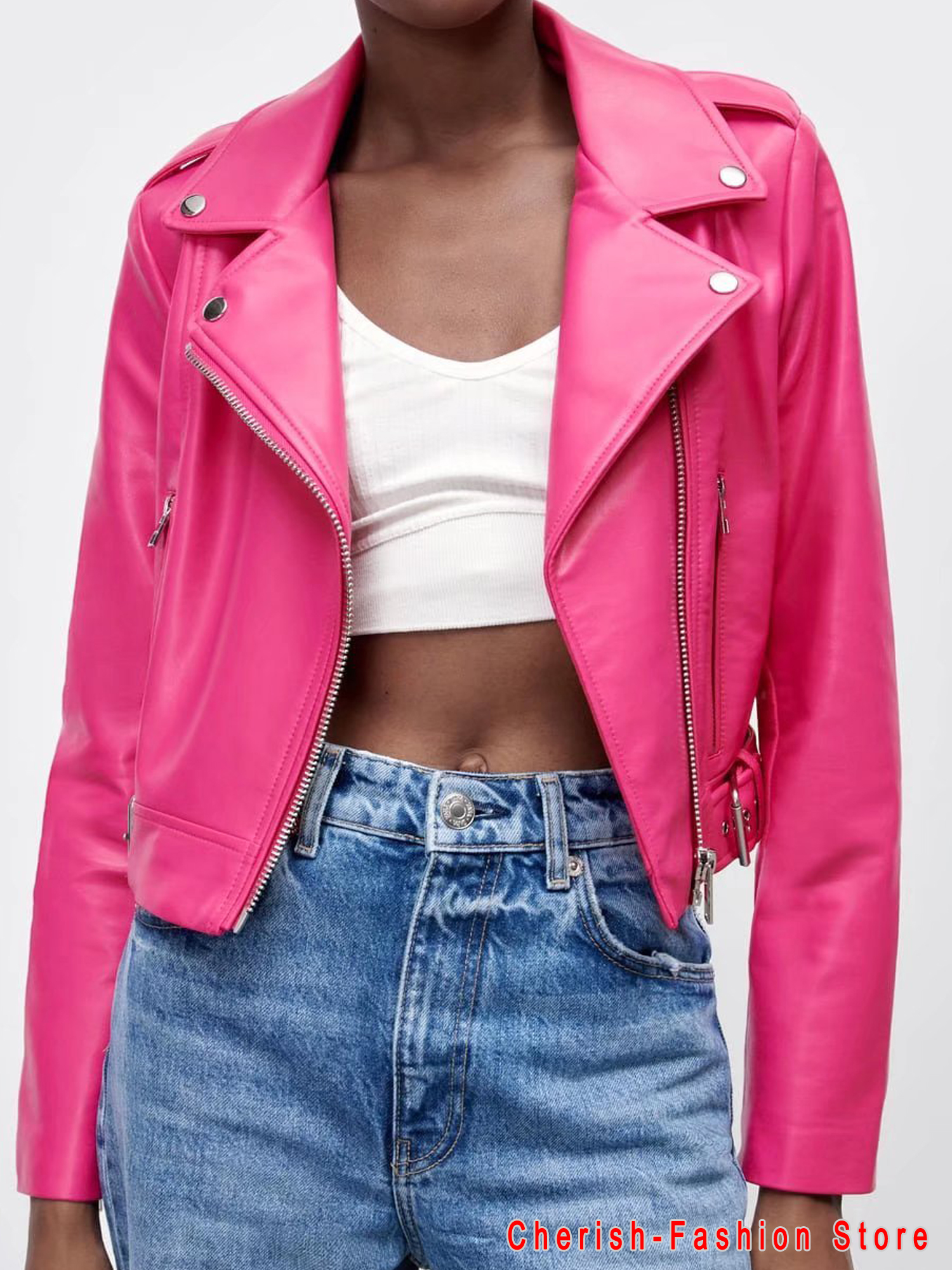 Nueva llegada marca invierno otoño chaquetas de cuero de motocicleta verde chaqueta de cuero rosa abrigo de cuero de mujer chaqueta delgada de cuero de PU