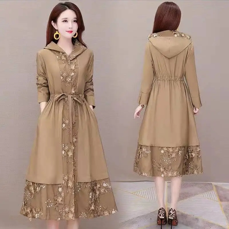 Cortavientos bordado de Boutique para mujer, abrigo largo de longitud media de estilo extranjero, Color sólido, primavera y otoño, 2023