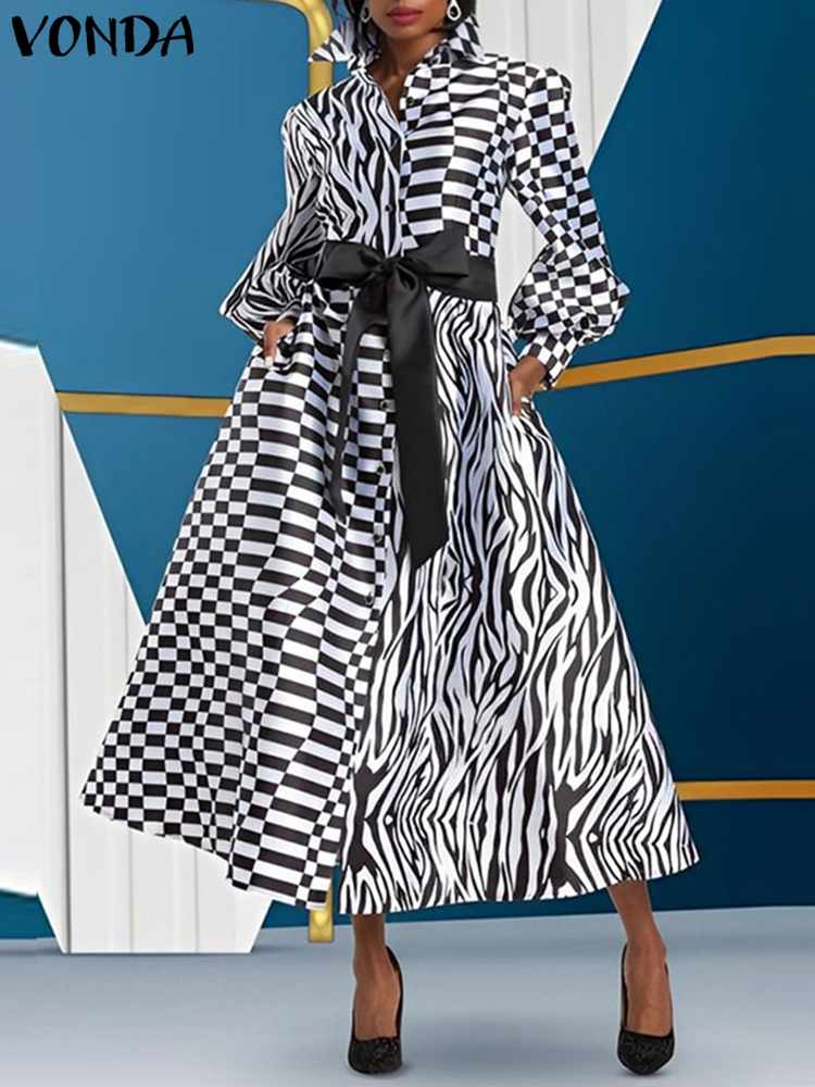 Vestido camisero elegante de talla grande VONDA para mujer, vestido veraniego de manga larga para oficina, informal, con cuello de solapa, estampado, para fiesta, 2024