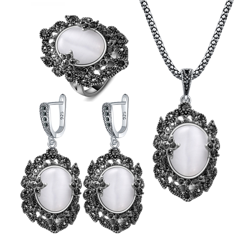 Ajojewel Mode Opal Schmuck Set Für Frauen Damen Vintage Anhänger Halskette Schwarz Strass Blume Ohrringe Ring Neue