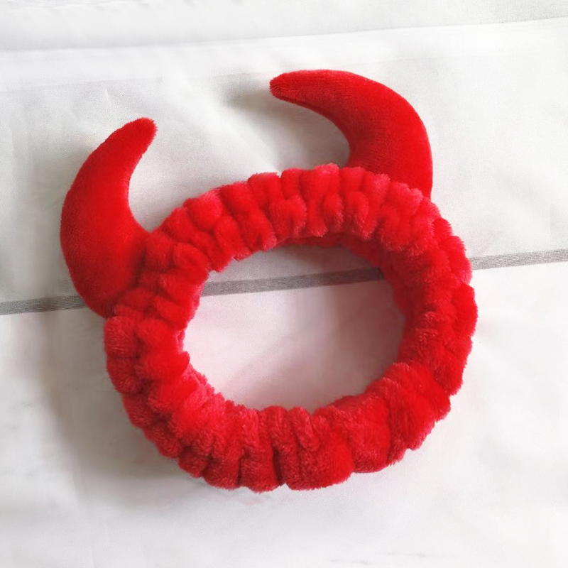 Bandeaux élastiques à cornes rouges pour femmes, accessoires de cheveux, lavage du visage, Sport, peluche douce, oreilles de lapin, cadeau pour femmes