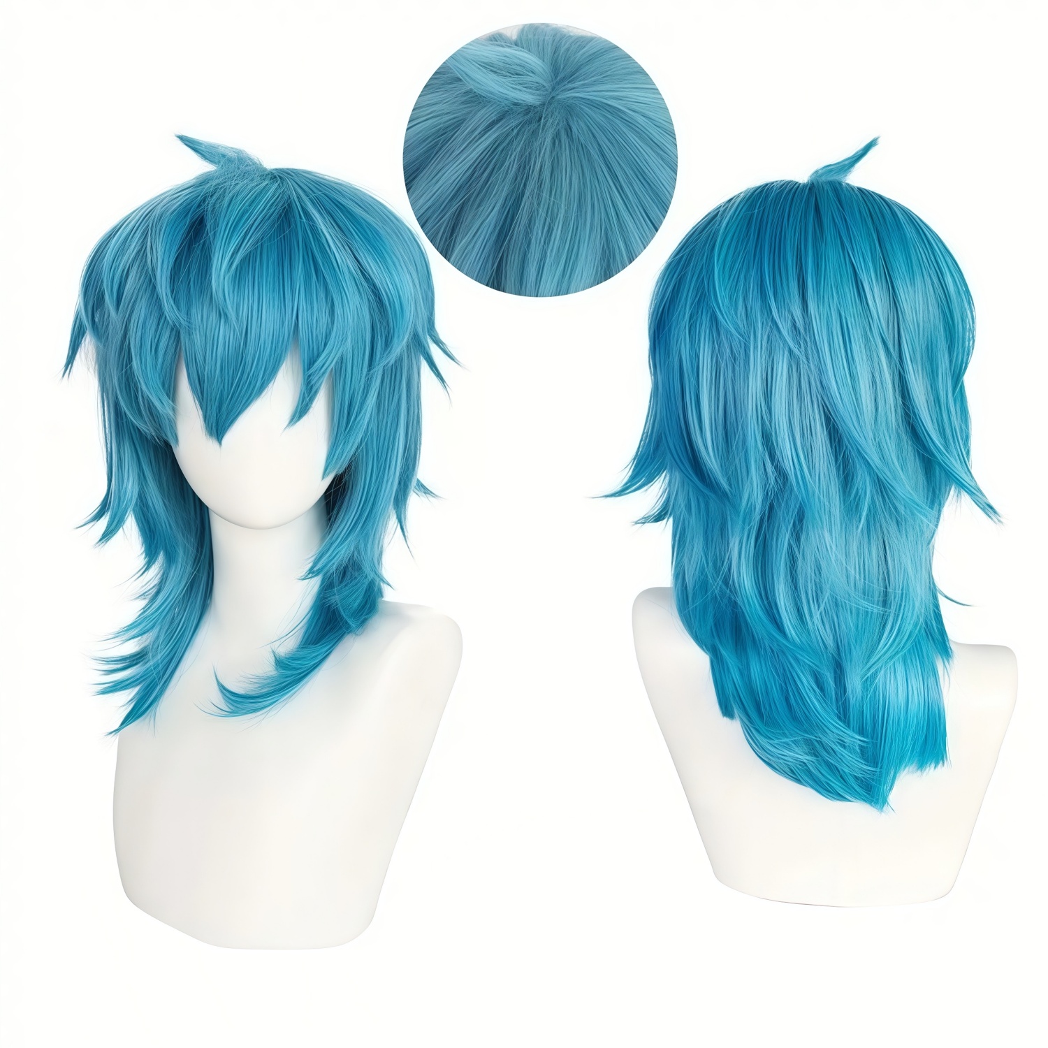 Künstliche mittellange, gerade, blaue Salic-Cosplay-Frisur mit Pony, synthetische Perücke für Geburtstage und Rollenspiele