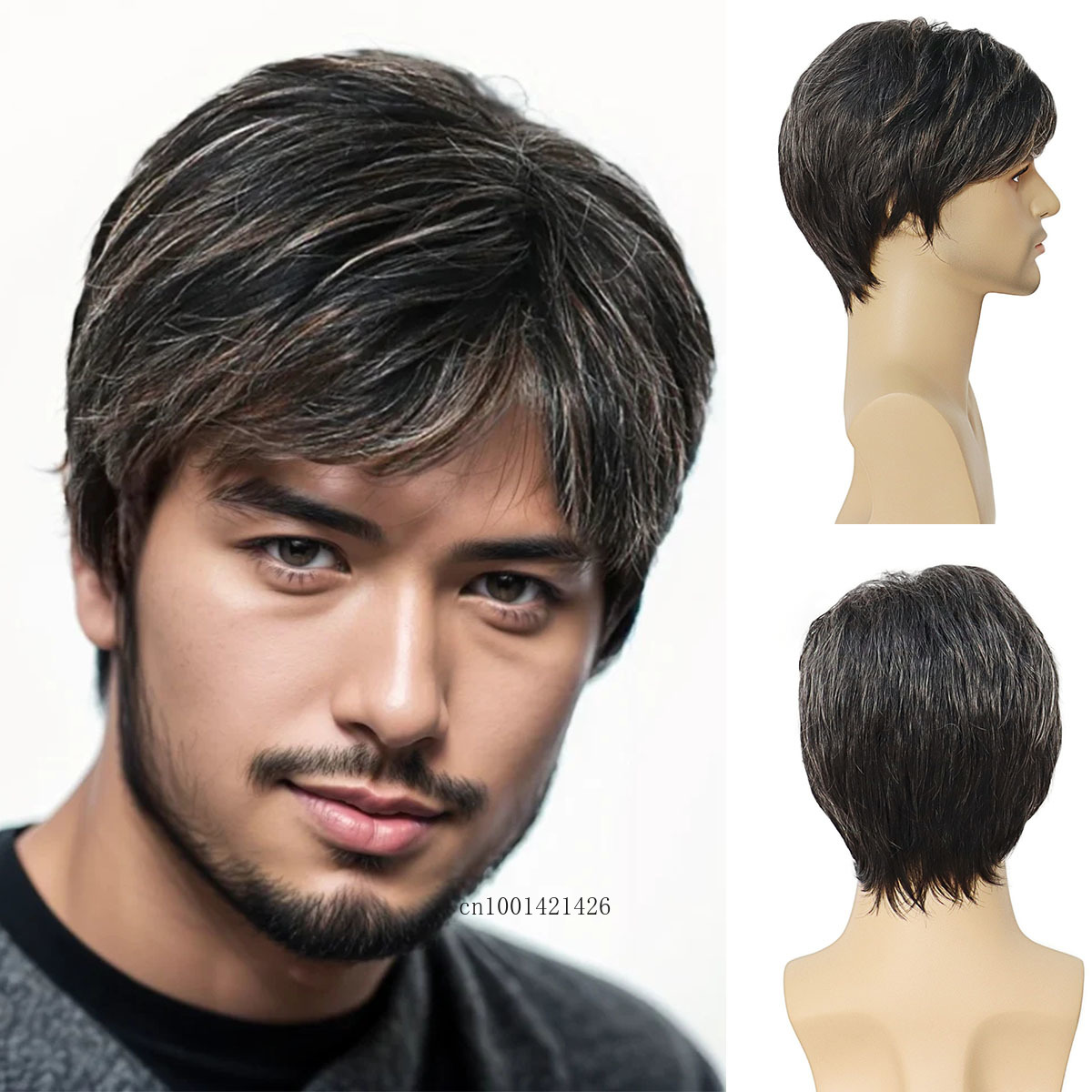 男性用フリンジ付き合成マルチカラーのショートヘア,女性用ウィッグ,リアルなヘアスタイル,口ひげのウィッグ,コスプレ,ハロウィーンの衣装