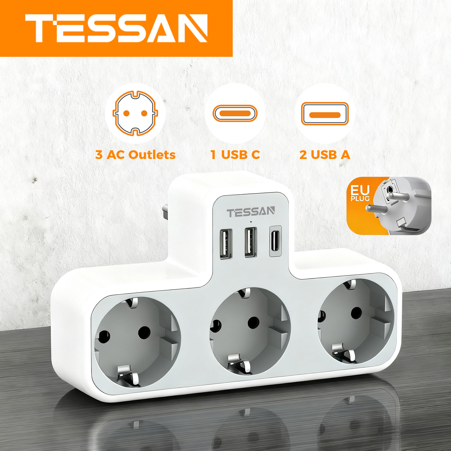 Многопортовая USB-розетка TESSAN стандарта ЕС, настенная розетка-удлинитель 6-в-1 с 3 разъемами переменного тока, адаптер-зарядное устройство для дома и офиса
