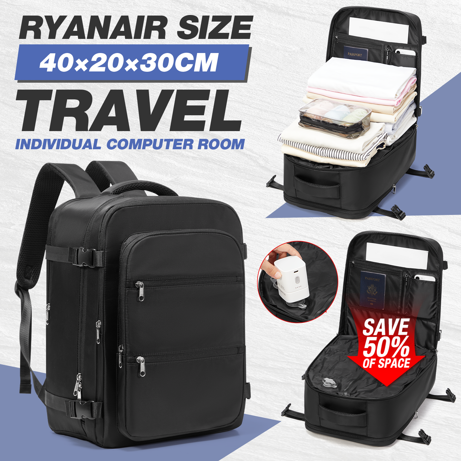 Vacuümopbergzak, Ryanair 40x30x20 rugzak, vacuüm rugzak, handbagage reisrugzak heren werkrugzak cabine laptoptas