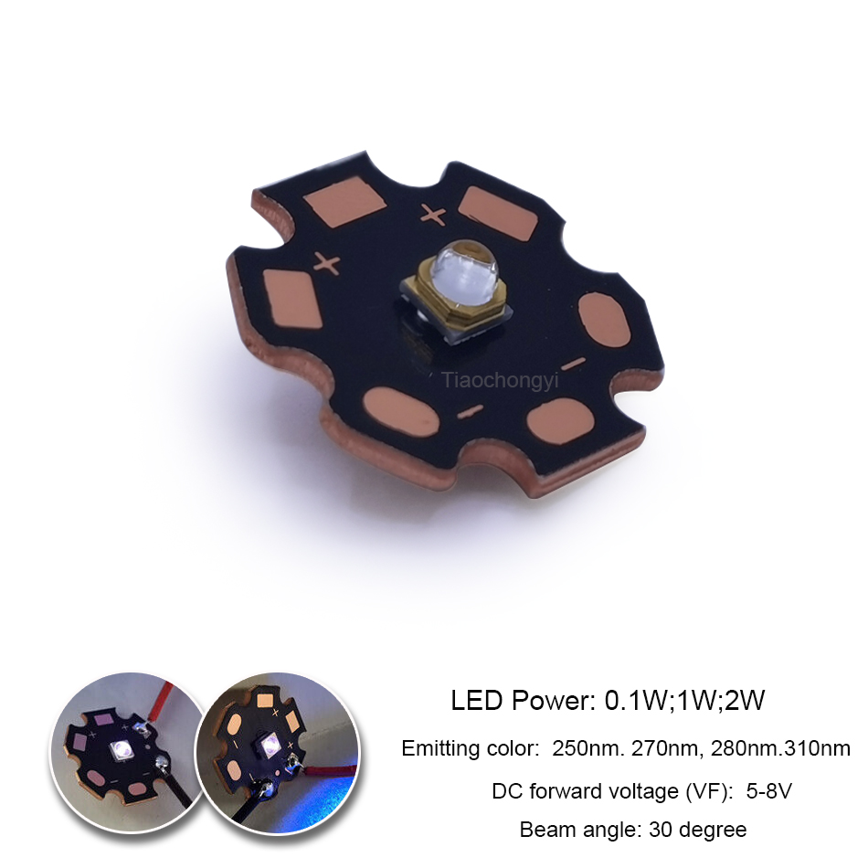 Uvc uv led 250nm 270nm 310nm 30 graus ângulo de feixe 0.1w 1w 2w ultra violeta lâmpada led diodo emissor de luz com pcb de cobre
