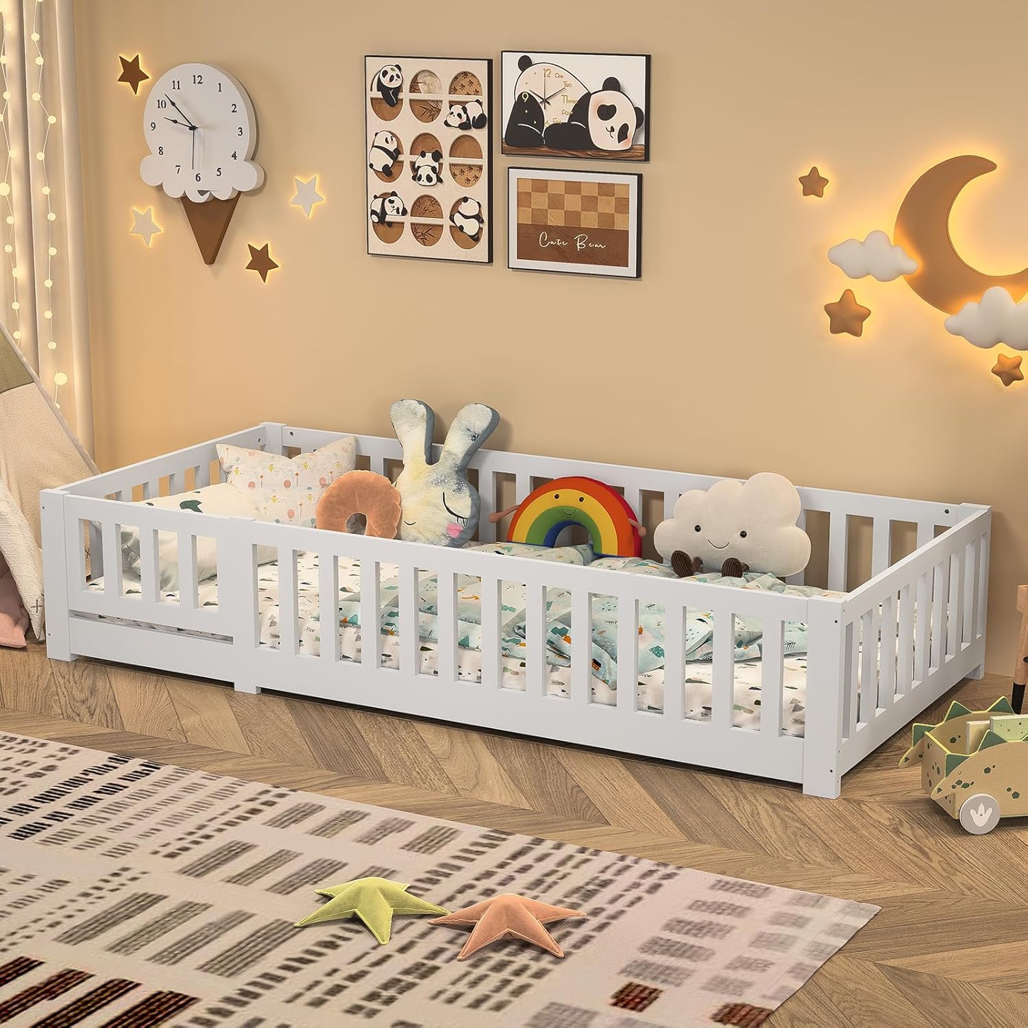 Lit pour enfants Rosahqnda Montessori 90/120/140x200cm, porte amovible, protection contre les chutes et porte, pin massif blanc, lit avec sommier à lattes