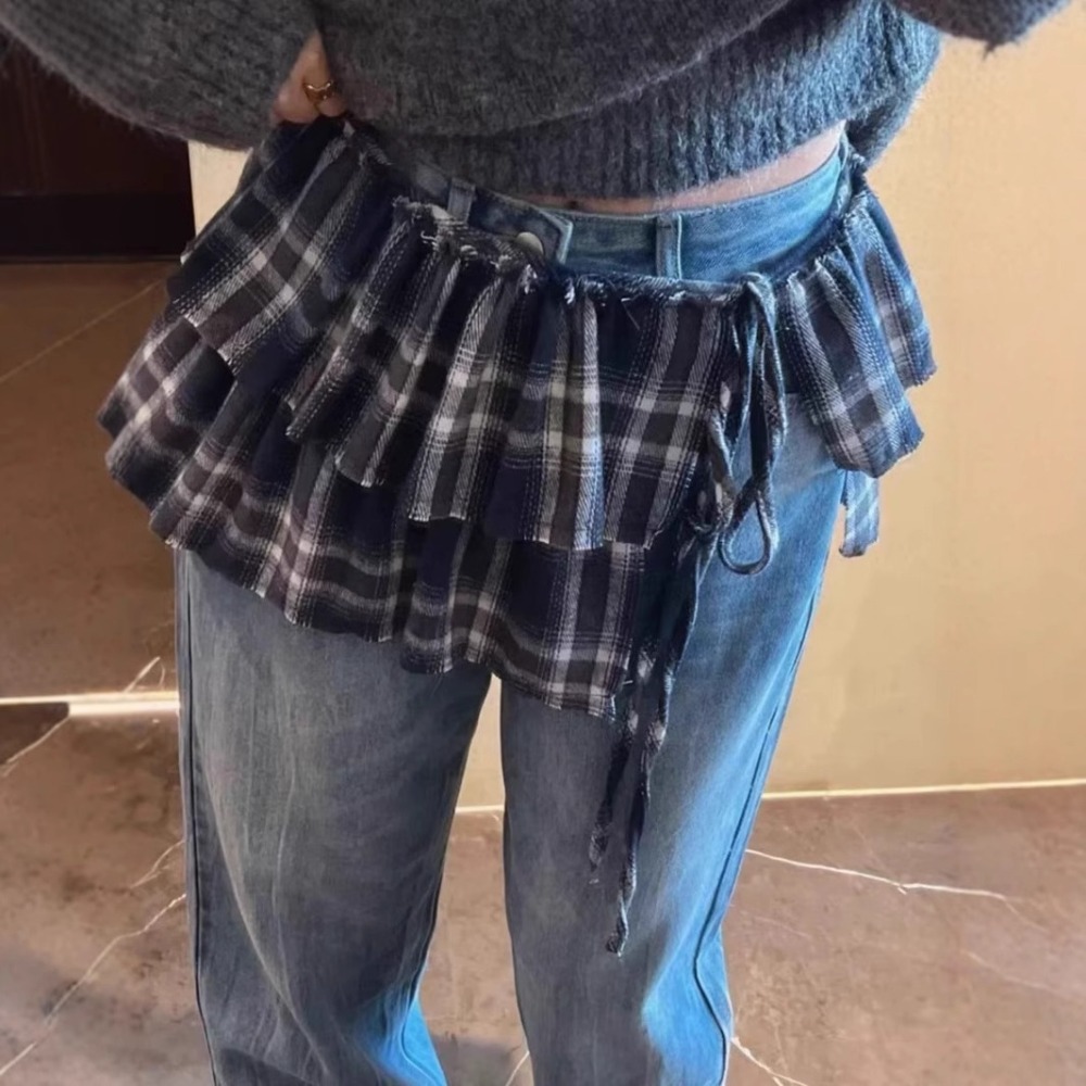 Trajes de capa de Hip-hop, falda a cuadros, extensor de camisa, dulce encaje hasta la cadera, bufanda de estilo coreano Y2K, cintura con borde con volantes, ropa de calle