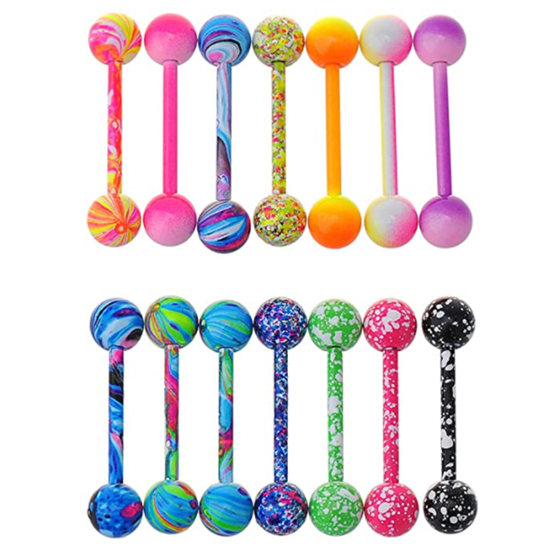 6 pçs pintura língua piercing lote de aço inoxidável glitter língua anéis barbell em massa sexy conjunto barras mamilo haltere piercing jóias
