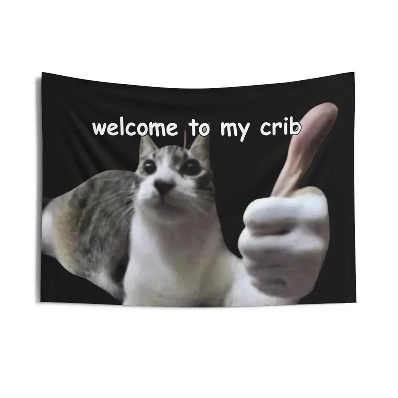 Tapeçaria com memes de gatos engraçados para dormitório, arte de parede com tema de 'Bem-vindo ao meu ninho', decoração bizarras para apartamento universitário e quarto, banner.